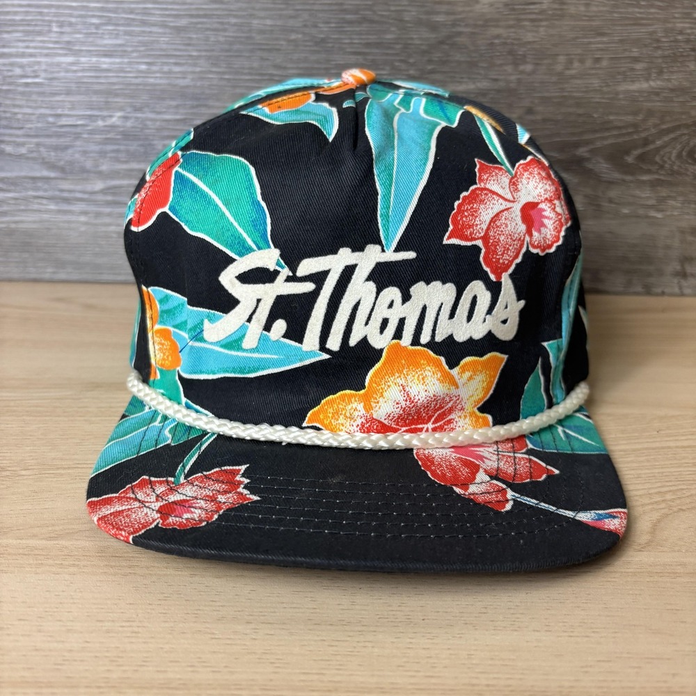 Vintage St Thomas Hat Cap Snap Back One Size Black Floral Hawaiian Tropical Rope